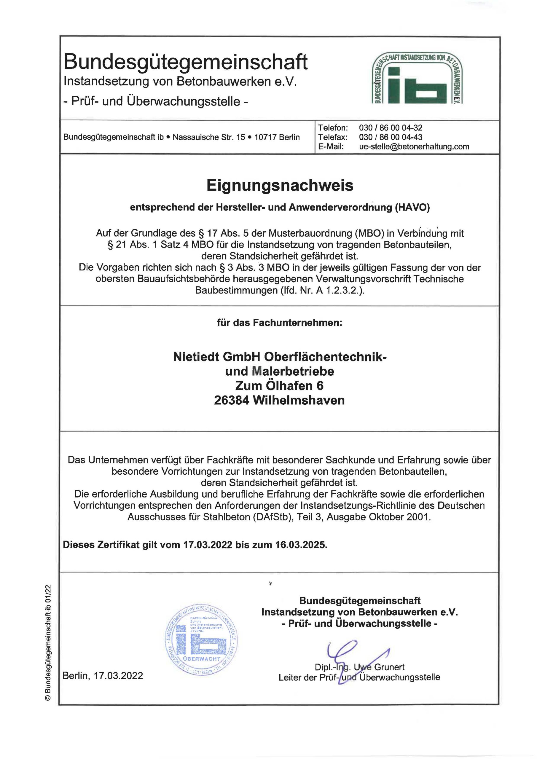 Eignungsnachweis entsprechend der Hersteller- und Arbeitsverordnung (gültig bis 03/2025)