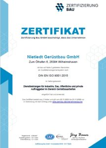 Zertifikat DIN EN ISO 9001:2015 für die Nietiedt Gerüstbau GmbH